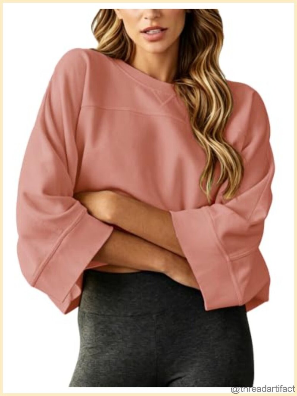 Cropped Oversized Sweatshirt Crew Neck 3/4 Sleeve Pullover Top